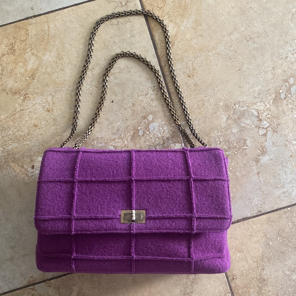 Authentic Chanel Classic flap Paneled Chocolate Bar Wool Jumbo Mademoiselle bag